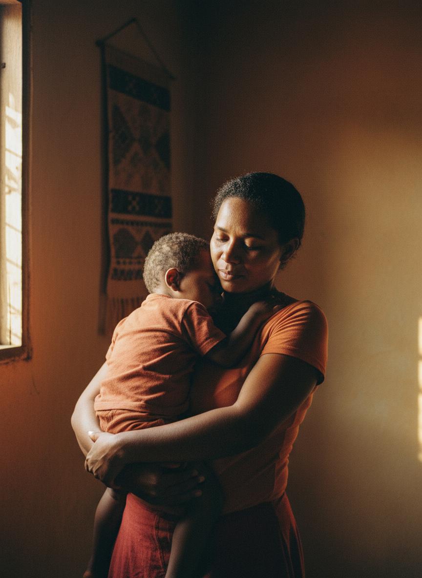 Mãe protegendo seu filho, representando o acolhimento infantil